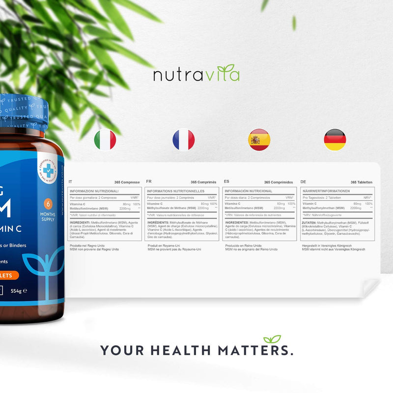 [Australia] - MSM 2200mg Tablets – 365 Vegan Tablets – Methylsulfonylmethane with 80mg Vitamin C – 6 Month Supply - Made in The UK by Nutravita 