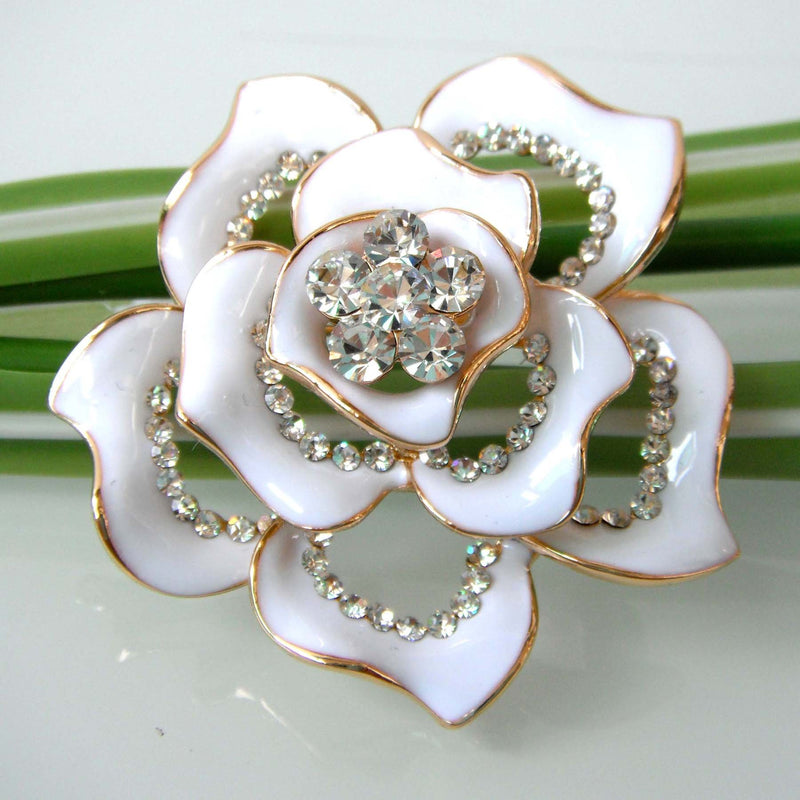 [Australia] - Navachi 18k Gold Plated Crystal Rose Flower Enamel Brooch pins White 