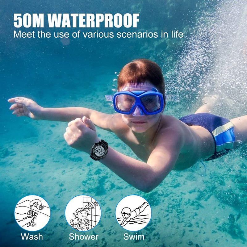 [Australia] - Jianxiang Kids Digital Watch Sport Outdoor Multifunctional Chronograph LED 50 M Waterproof Alarm Calendar Analog Watches for Children for 5-15 Year Old Boys Girls Wristwatch Black 