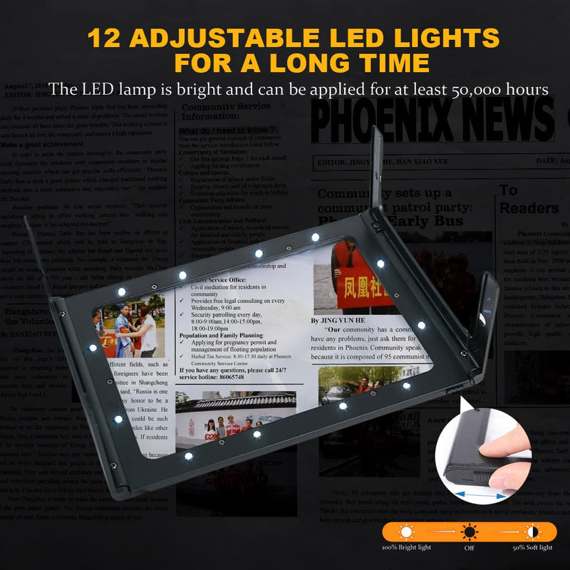 [Australia] - LED Page Magnifier with 12 LED Lights, 3X Large Full Page Magnifying Glass Reading Magnifier, Ideal for Reading Small Prints Low Vision Seniors with Aging Eyes 