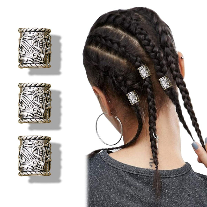 [Australia] - RechicGu 3pcs Silver Dragon Norse Viking Pirate Dragon Runes Beard Bead Dreadlocks Ring Braid Hair Dress Pin Set 