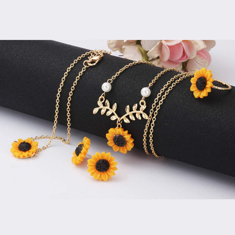 [Australia] - Set of 5 Sunflower Faux Pearl Leaf Chain Resin Boho Petal Pendant Necklace with Sunflower Bracelet Earrings Ring for Women Jewelry Accessories (Gold) Gold 