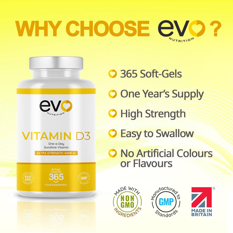 [Australia] - Vitamin D 4000IU High Strength Supplement | 365 Vitamin D3 Softgels - 1 Year Supply (not Tablets) | Vit D3 | One-a-Day | High Absorption Cholecalciferol | Made in UK 