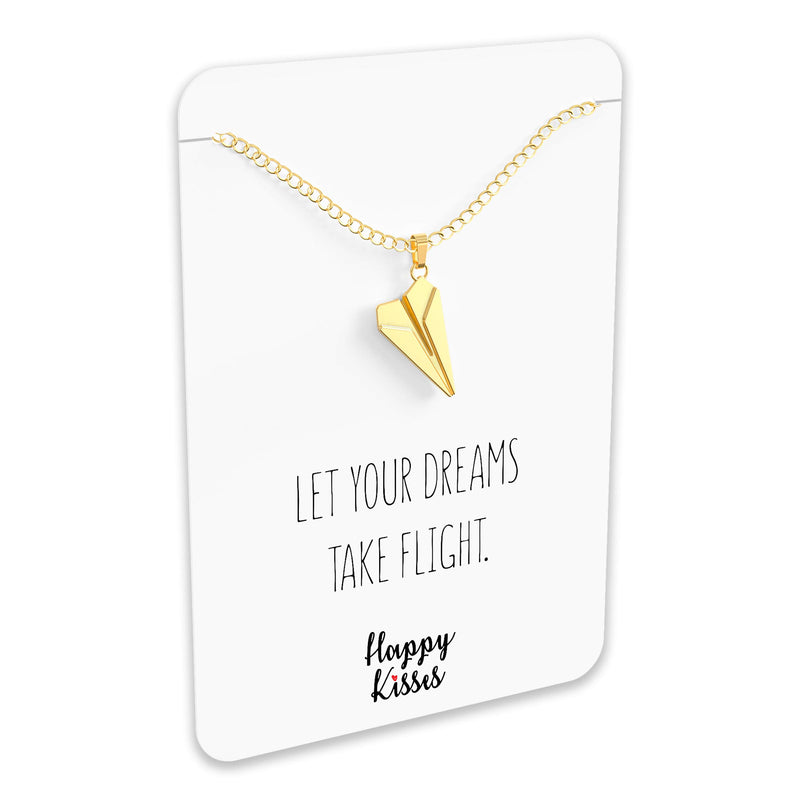 [Australia] - Paper Airplane Necklace – Cute Airplane Charm Pendant for Dreamer & Travelers – Message Card – Let Your Dreams Take Flight Gold 