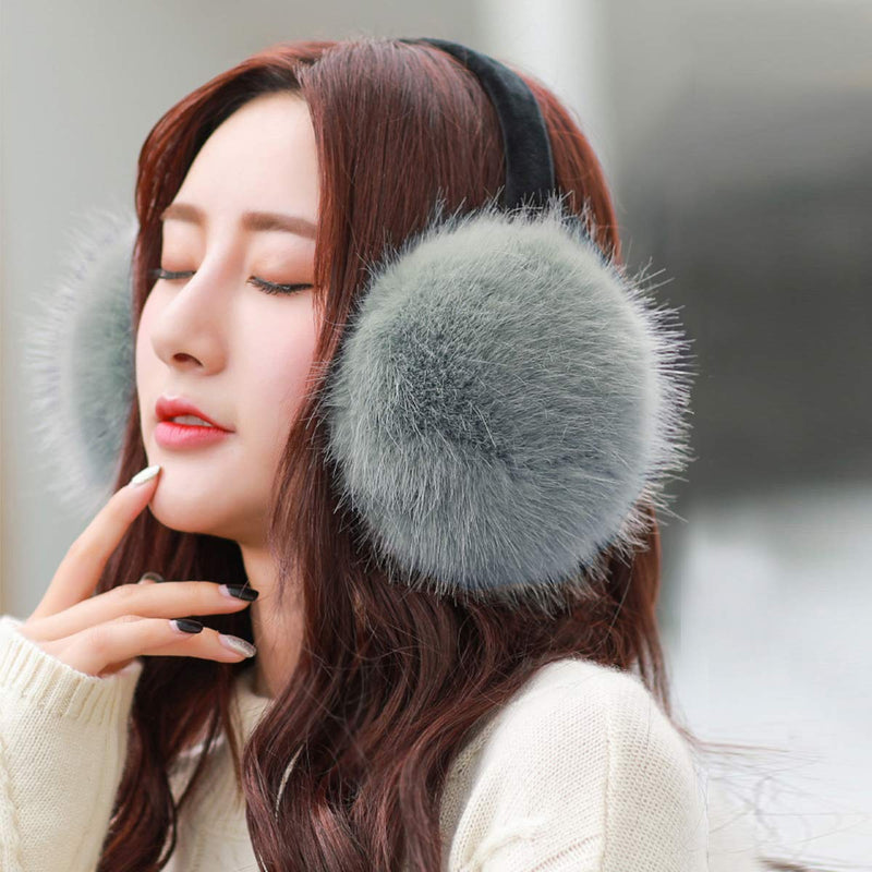 [Australia] - MADHOLLY 2 Pack Faux Fur Earmuffs- Big Winter Outdoor Soft Warm Thick Faux Fur Ear Warmers for Womens Men, Black&Grey 
