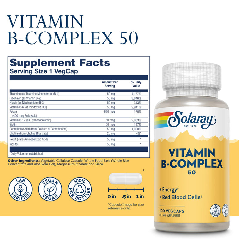 [Australia] - Solaray Vitamin B-Complex, Healthy Energy & Red Blood Cell Formation Support & More, 100 Servings, 100 VegCaps 