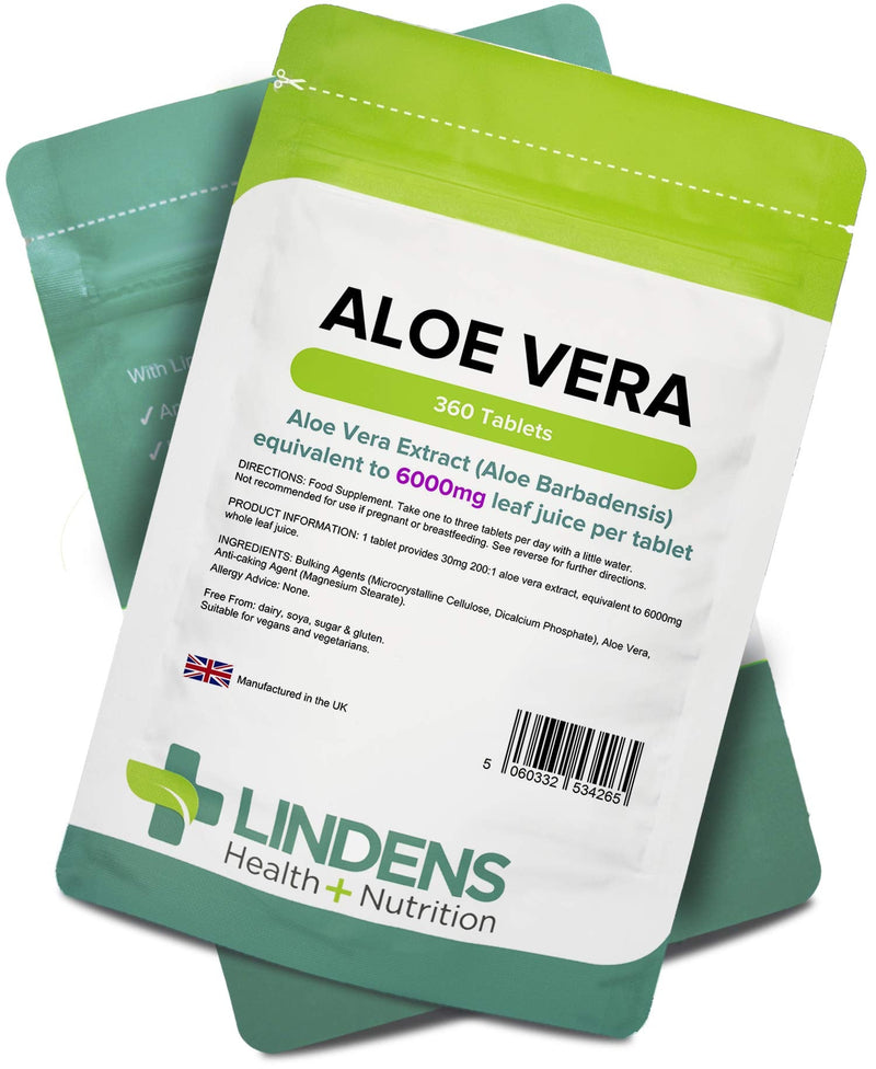 [Australia] - Lindens Aloe Vera 6000mg Tablets - 360 Pack - Concentrated Extract, Equivalent to 6000mg Aloe Vera Leaf Juice - UK Manufacturer, Letterbox Friendly 