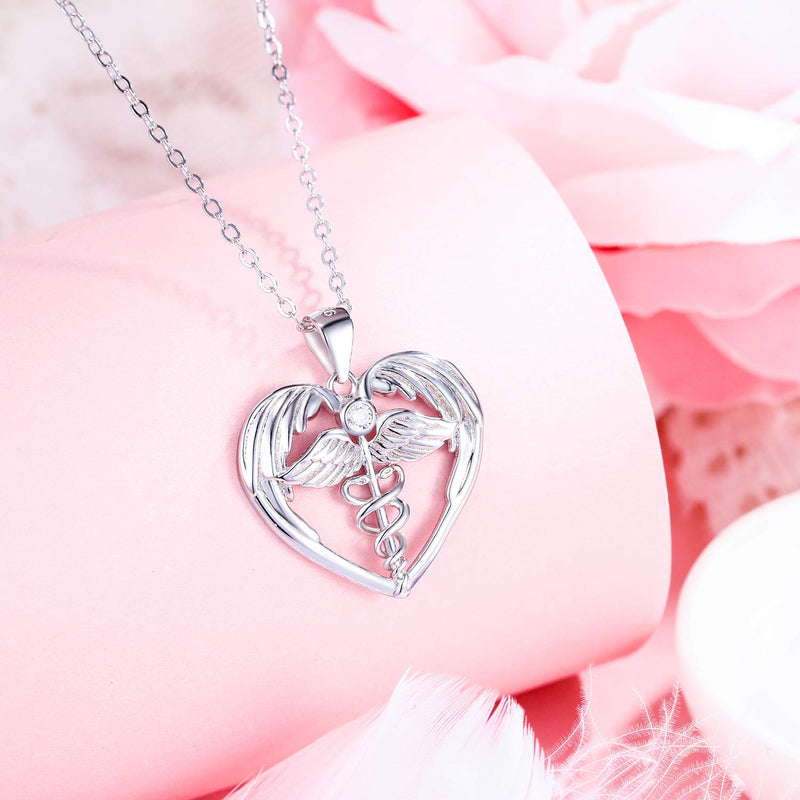 [Australia] - FANZE Graduation Gifts 925 Sterling Silver Caduceus Small Angel Wings Doctor Nurse Themed Love Heart Pendant Necklace With Adjustable Chain 20" 