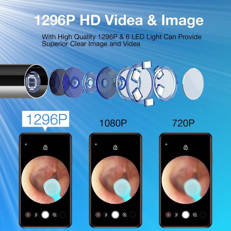 [Australia] - Ear Wax Removal with Camera, Earwax Remover Tool, 1296P FHD Wireless Ear Otoscope with 6 LED Lights, 6 Ear Spoon & 6 Traditional Tools Ear Wax Removal Kit for iPhone, iPad & Android Smart Phone Black 