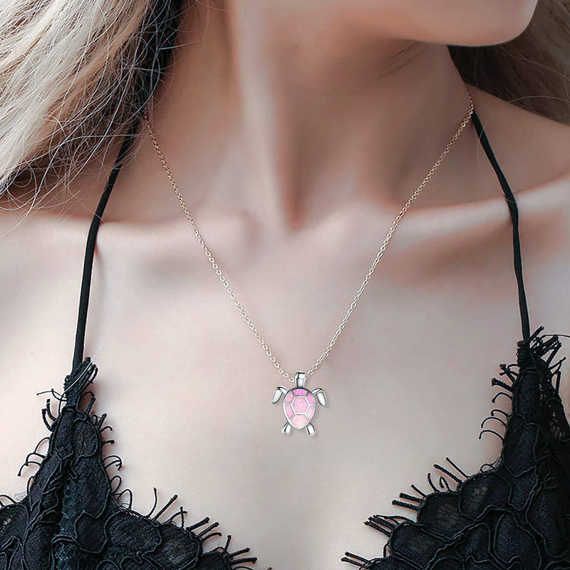 [Australia] - VANGETIMI Lovely Sea Turtle Pendant Necklace Cute Animals Opal Silver Chain Adjustable Necklace Jewelry Gifts for Women Girls Pink 