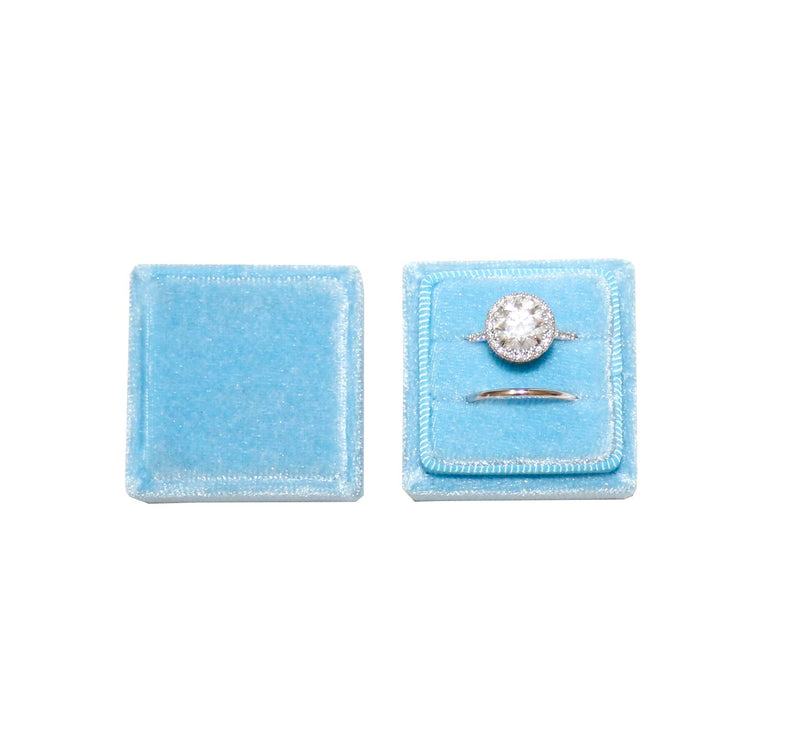 [Australia] - Velvet Square Single Ring Box, Photography Prop, Vintage Wedding Ceremony Ring Box with Detachable Lid, Engagement Ring Box Holder, Modern Slim Ring Box Display (Dusty Sky Blue, Double Ring Box) Dusty Sky Blue 