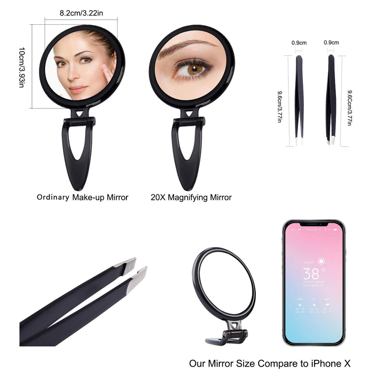 [Australia] - 20X Double-Sided Magnifying Mirror &Slant Tip and Pointed Eyebrow Tweezer Set,Perfect for Precise Makeup Application for Facial Hair, Ingrown Hair,Splinter, Blackhead and Tick Remover. (Black) Black 