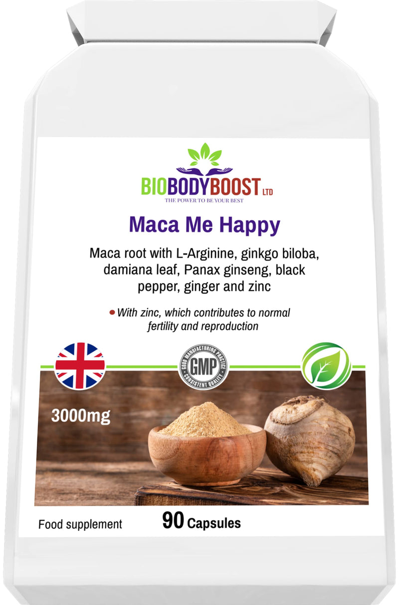 [Australia] - BioBodyBoost Maca Me Happy - Premium Maca Root & Herbal Blend Capsules | 90 Count | Supports Sexual Health, Fertility & Reproduction | Vegan & Vegetarian Friendly 