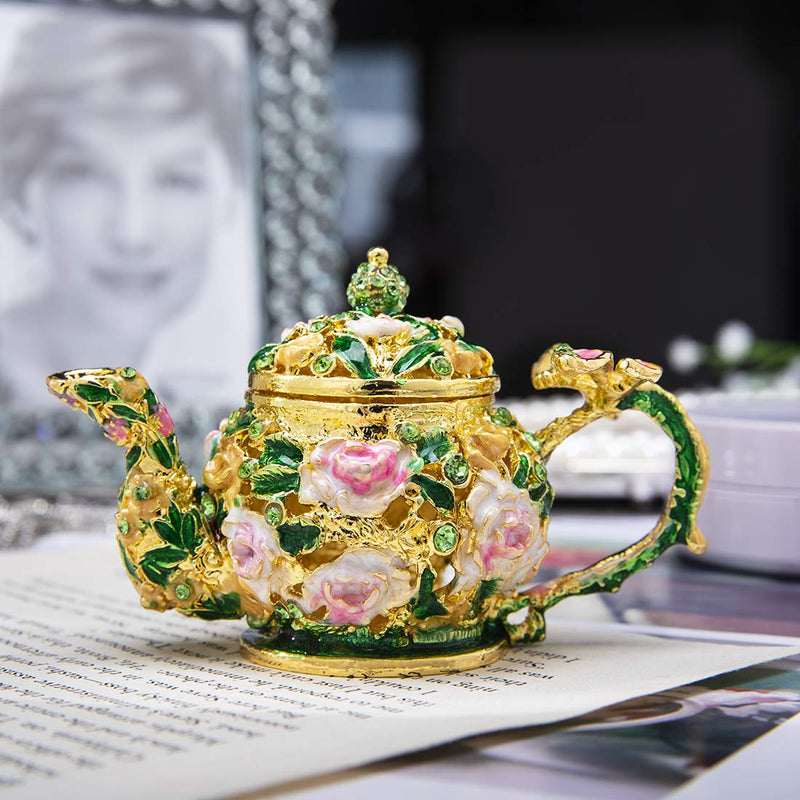 [Australia] - YU FENG Crystal Jeweled Teapot Trinket Boxes Hinged Flower Decorated Jewelry Display Ring Holder Box 