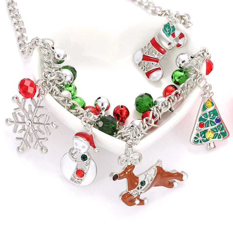 [Australia] - CEALXHENY Christmas Bell Necklaces X-Mas Tree Snowman Snowflake Pendant Necklaces Statement Chunky Chain Necklace for Women Girls Holiday Silver 