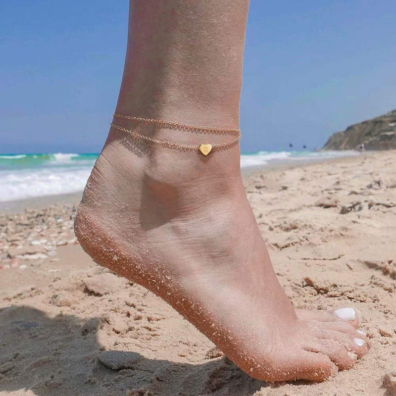 [Australia] - Turandoss Heart Initial Ankle Bracelets for Women, 14K Gold Filled Handmade Dainty Layered Anklet Letter Initial Heart Ankle Bracelets for Women Beach Jewelry Gifts A 