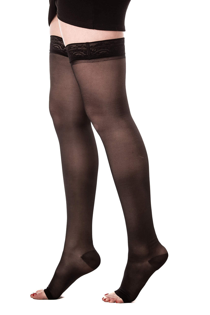 [Australia] - Medicella Thigh High Compression Stockings for Women Open Toe 20-30 mmHg Made in USA Medical Quality Firm Pressure Support Circulation (Black, Small) Black 