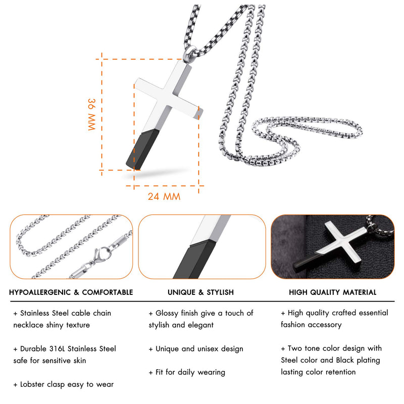 [Australia] - 555Jewelry Cross Necklace for Men Women, Stainless Steel Pendant with 16-24” Chain Silver / Black 18.0 Inches 