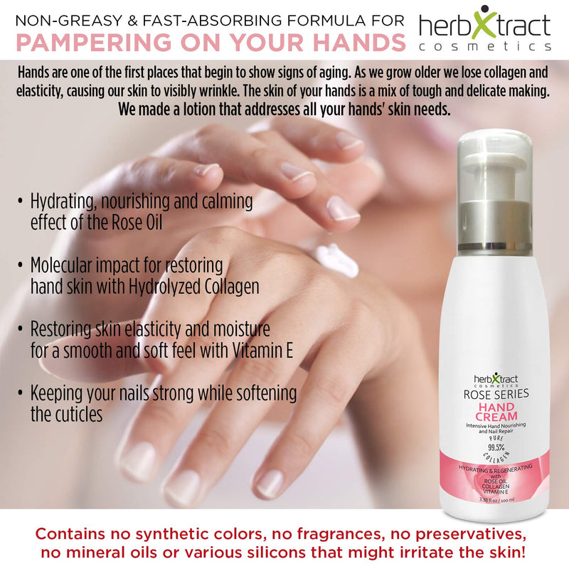 [Australia] - Hand Cream with Collagen, Essential Rose Oil, Keratin and Vitamin E - Anti-aging Lotion for Dry Aging Hands. For Silky Smooth Hands Skin Moisturizer by HerbXtract, 3.4 Fluid Ounces 