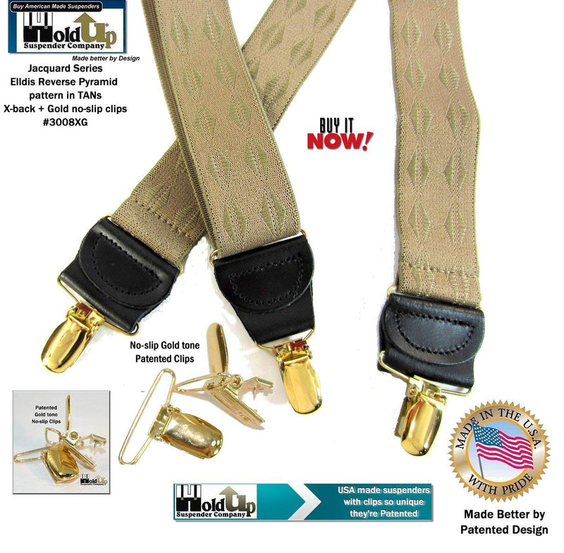 [Australia] - Holdup Brand Tan Jacquard weave Elddis diamond pattern X-back Suspenders with No-slip Gold-tone Clips. 