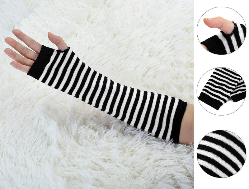 [Australia] - sourcingmap Women Winter Stripes Heart Print Fingerless Thumbhole Elastic Long Knitted Gloves One Size Black-white 