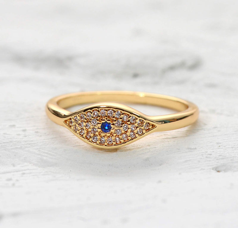 [Australia] - VACRONA Dainty Gold Evil Eye Ring 14K Gold Plated Simulated Sapphire Ring White CZ Micro Pave Ring Stackable Eternity Ring Protection Ring Gift for Her 5# 