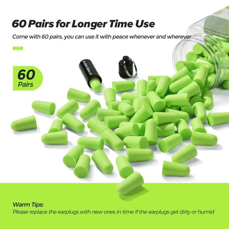 [Australia] - ERM TOOL Ultra Soft Foam Earplugs, 60 Pairs Reusable Earplugs for Sleeping, 38dB Highest SNR, & Comfortable Hearing Protection Snoring, Studying, Travel, Motorcycle, Loud Noise etc - Lemon Green 
