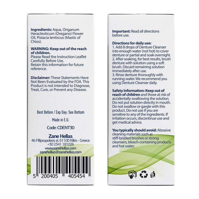 [Australia] - Zane Hellas Denture Cleaner. Oregano Oil Power. Ideal for Dentures, Retainers, Braces, Mouth Guards. Helps Remove Plaque, Tartar, Stains and Bad Odor. 100% Herbal Solution. 1 fl.oz.-30ml. 