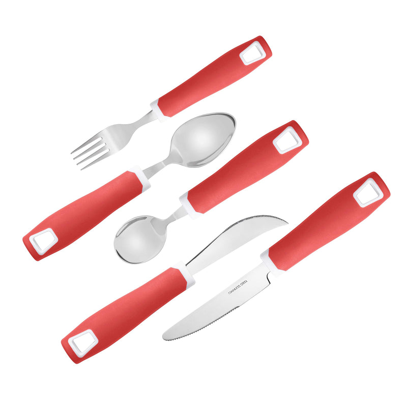 [Australia] - Special Supplies Adaptive Utensils 5-Piece Set Non-Weighted, Non-Slip Handles for Hand Tremors, Arthritis, Parkinson’s or Elderly Use - Stainless Steel Knife, Rocker Knife, Fork, Spoons - Red 