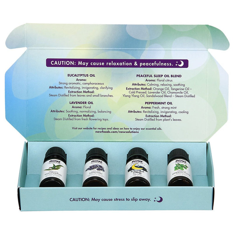 [Australia] - NOW Essential Oils, Let There Be Peace & Quiet Aromatherapy Kit, 4x 10ml Including Lavender Oil, Peppermint Oil, Eucalyptus Oil and Peaceful Sleep Oil Blend With Child Resistant Caps 