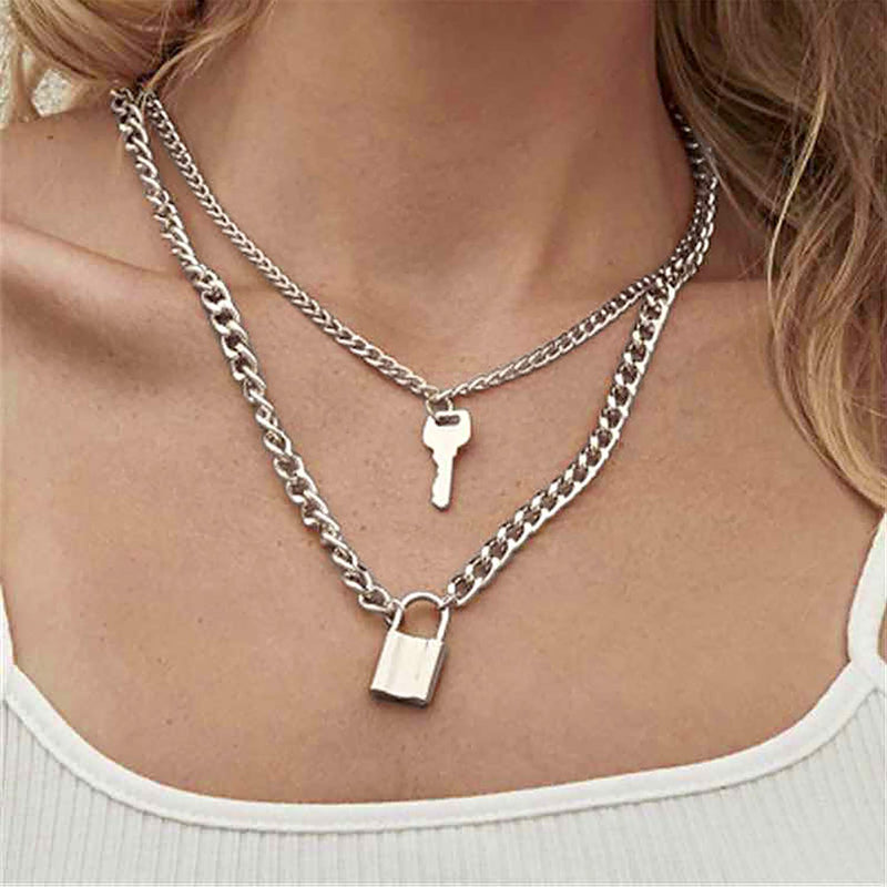 [Australia] - BVROSKI Chains Necklace for Eboy Egirl Men Male Emo Goth Women Teen Girls Boys,2 Layered Lock Key Pendants Necklaces Set,Stainless Steel Jewelry Pack for Pants Punk Play Cross 3pcs + Key Lock Silver (5 layer) 