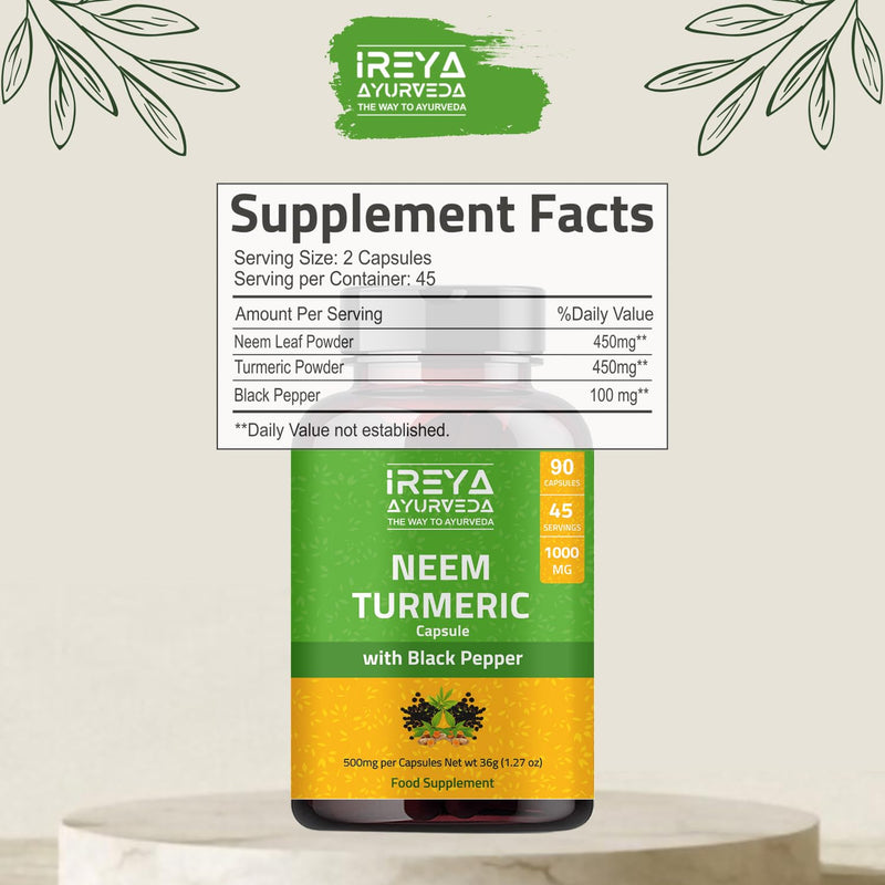 [Australia] - Neem Turmeric Capsules with Black Pepper Neem Herbal Supplement, Ayurvedic Herbal Cleanser, Detoxification, Enhances skin Health and Immunity (90 Capsules) 90 Count (Pack of 1) 