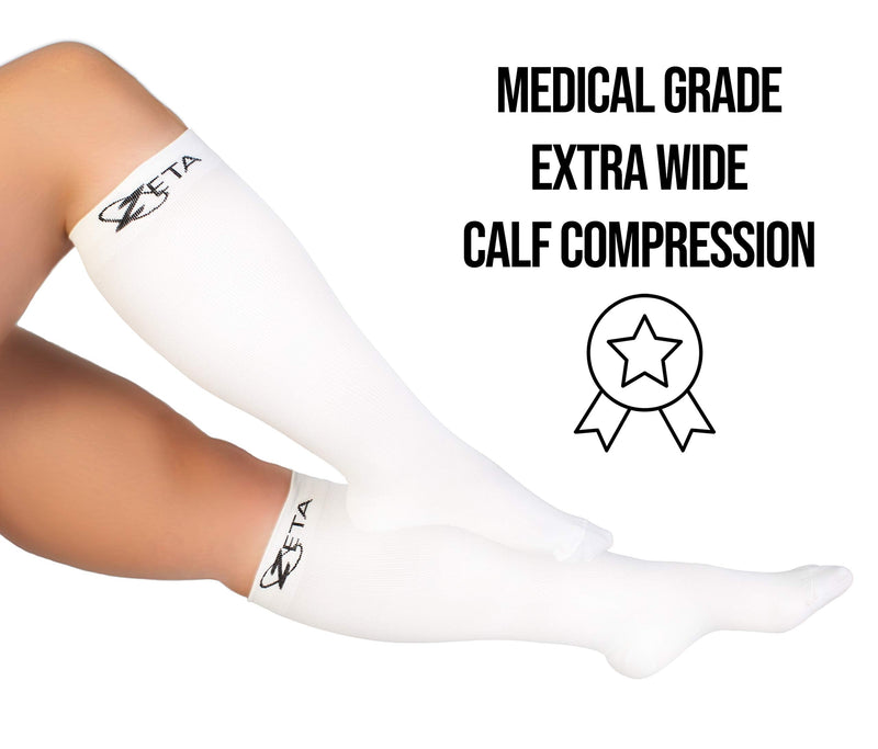[Australia] - Zeta Socks XXXL Wide Plus Size Calf Compression, Soothing Comfy Gradient Support, Prevents Swelling, Pain, Edema, DVT, Large Cuffs, Stretch to 26 Inches, Unisex, for Flights (White, XXXL) 