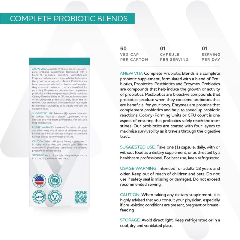 [Australia] - Anew Vita Complete Probiotic Blends | 5 in 1 Prebiotic, Probiotic, Postbiotic, Enzymes, Zinc | Quadruple Coated Probiotics | 20 Billion CFU per Veggie Capsule | 60 Veggie Capsules 