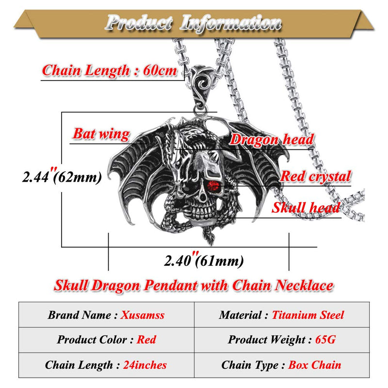 [Australia] - Xusamss Punk Rock Titanium Steel Dragon Pendant Wings Skull Pendant Crystal Chain Necklaces 