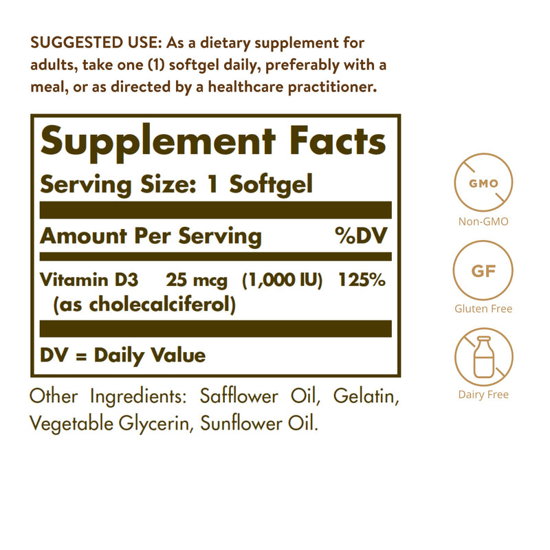 [Australia] - Solgar Vitamin D3 Cholecalciferol 25 MCG 1000 IU Softgels Helps Maintain Healthy Bones Teeth Immune System Support NonGMO Gluten Free Dairy Free Servings, Unflavored, 250 Count 250 Count (Pack of 1) 