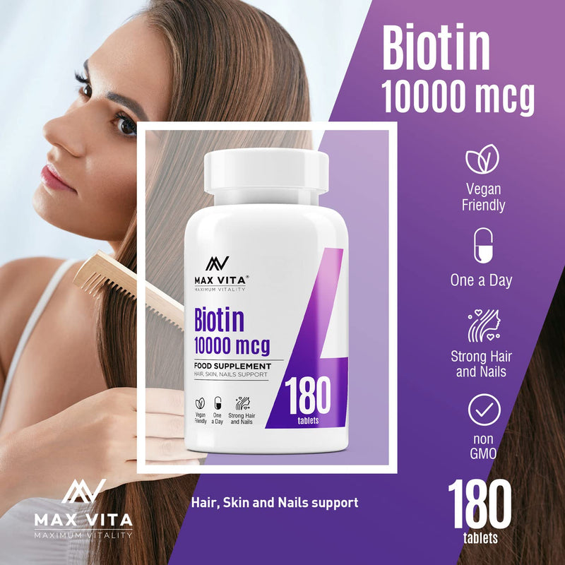 [Australia] - Biotin 10,000mcg High Strength Supplement for Men and Women|Supports Healthy Hair, Skin & Nails|180 Vegetarian Tablets (Non-GMO, Gluten Free) Made in The UK 