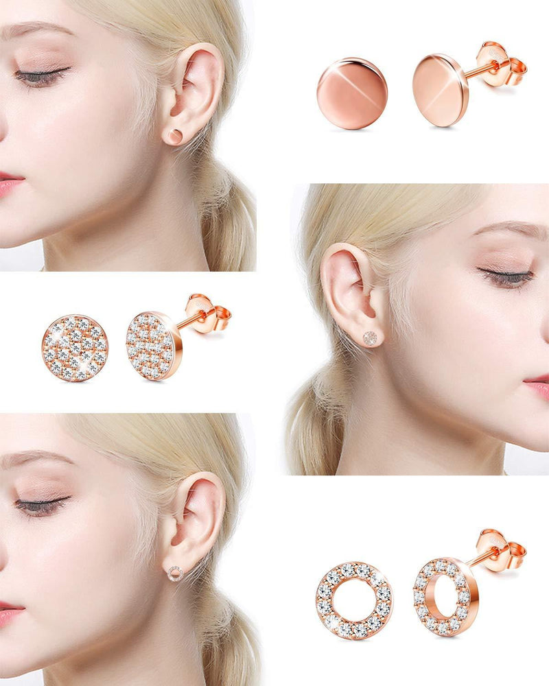 [Australia] - Sllaiss 3 Pairs Sterling Silver Round Stud Earrings Set for Women Girls CZ Pave Earrings TIny Dot Round Disc Stud Earrings Hypoallergenic B:rose Gold Tone 