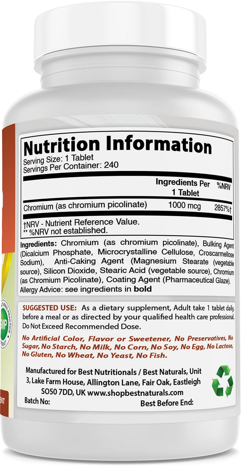 [Australia] - Best Naturals Chromium Picolinate 1000 mcg Tablet - Supports Healthy Blood Sugar Levels, 240 Count 