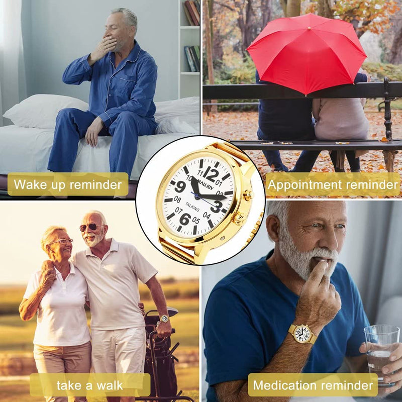[Australia] - MAUJOY Quality Clear and Loud Voice American Voice Accent Ladies Golden Talking Watch Speaks The Time, Date or Alarm time for Elderly, Impaired Sight or Blind. White Face-Black Numbers-Expansion Band 