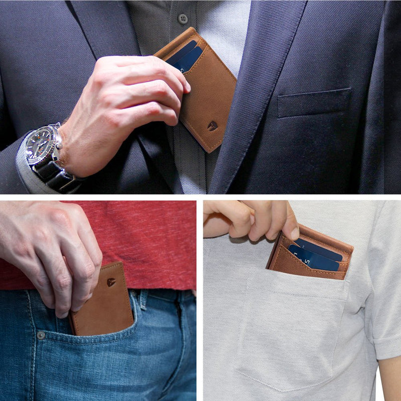 [Australia] - RFID Blocking Slim Minimalist ID Outside Front Pocket Wallet, Money Clip, 9 Slots, Leather (Brown) Brown 