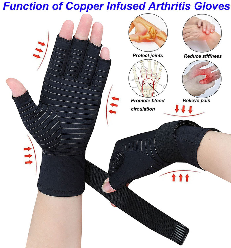 [Australia] - 2 Pairs Pack Copper Arthritis Compression Gloves for Women Men, Arthritis Gloves for Relieving Carpal Tunnel Aches, Rheumatoid Pains, Joint Swelling with Adjustable Wrist Band Strap Fingerless (Large/X-Large (2 Pairs)) Large/X-Large (2 Pairs) 