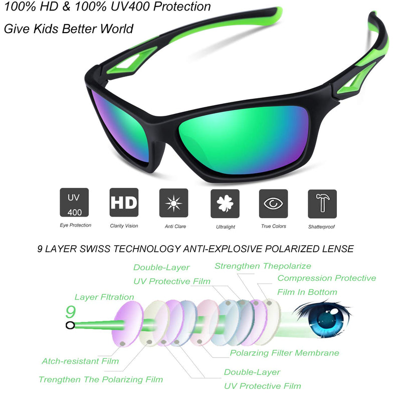 [Australia] - Kids Sunglasses TPEE Unbreakable Polarized Sports Glasses with Adjustable Strap For Boys Girls Age 3-7 Black/Green Frame|green Revo Lense 