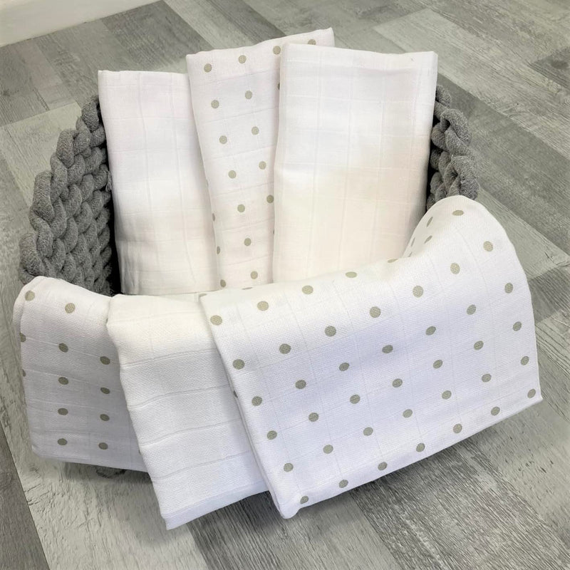 [Australia] - MuslinZ muslin cloths 6 pack 70x70cms 100% pure cotton burp cloths, soft and absorbent for newborns (White/Grey Spot) White/Grey Spot 