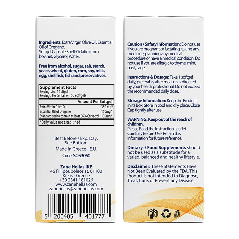 [Australia] - 130 mg Carvacrol - 150 mg Oregano Oil per Softgel. World Highest Concentration Oregano Oil Capsule. Zane Hellas Oregano Oil. Softgel Contains 30% Greek Essential Oil of Oregano. 120 Softgels. 