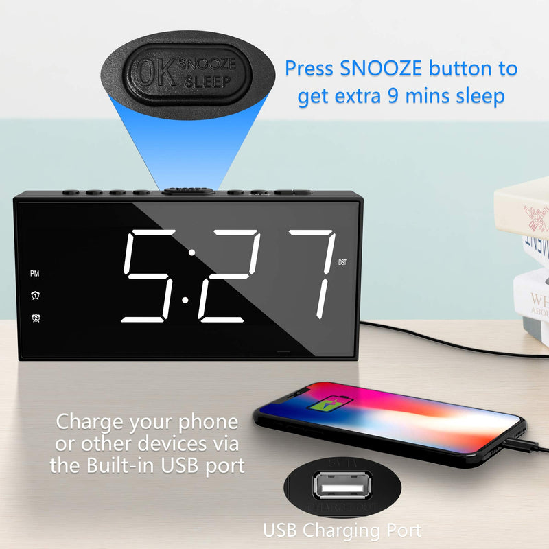 [Australia] - Alarm Clock for Bedroom, 2 Alarms Loud LED Big Display Clock with USB Charging Port, Adjustable Volume, Dimmable, Snooze, Plug in Simple Basic Digital Clock for Deep Sleepers Kids Elderly Home Office White Digits 