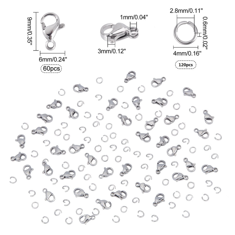 [Australia] - PandaHall 120pcs 4mm 304 Stainless Steel Jump Rings with 60pcs Lobster Clasps for Earring Bracelet Necklace Pendants Jewellery DIY Craft Making, Stainless Steel Color 
