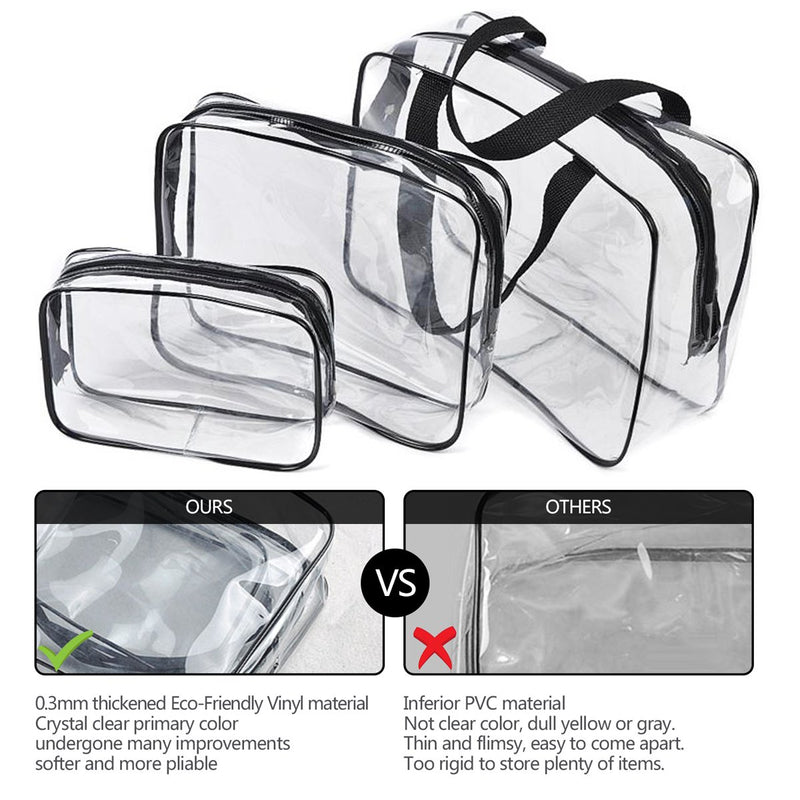 [Australia] - 3Pcs Crystal Clear Cosmetic Bag TSA Air Travel Toiletry Bag Set with Zipper Vinyl PVC Make-up Pouch Handle Straps for Women Men, Roybens Waterproof Packing Organizer Storage Diaper Pencil Bags Black 