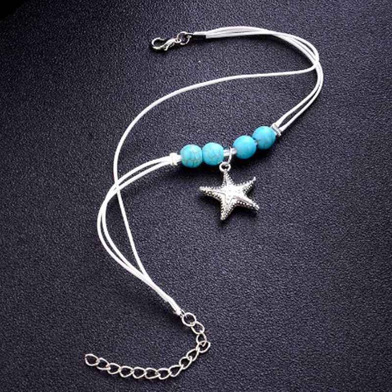 [Australia] - Dresbe Boho Layered Anklet Ivory Beach Turquoise Braided Anklets Beaded Ankle Bracelet Starfish Pendant Foot Jewelry Accessories for Women and Girls 