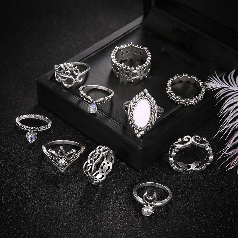 [Australia] - VFlowee Boho Crystal Knuckle Rings Set Gemstone Vintage Stackable Finger Rings Midi Ring for Women Hollow Carved Flowers Gold&Silver Ring Crystal Joint Rings (10pcs boho rings silver) 10pcs boho rings silver 